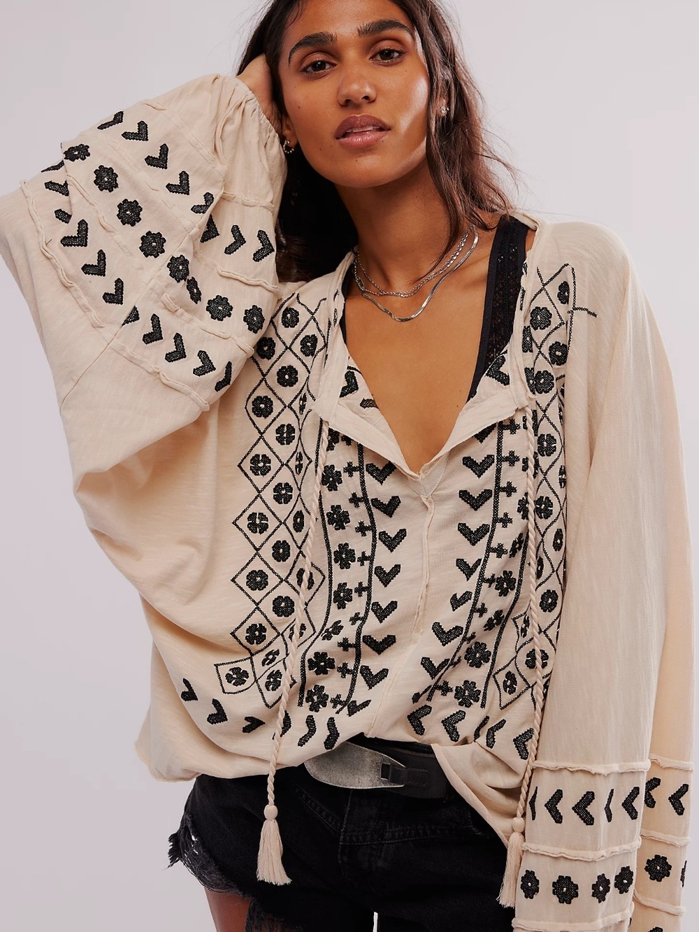 New Free People Savannah Embroidered Top Balloon Sleeves Size Medium Oversized